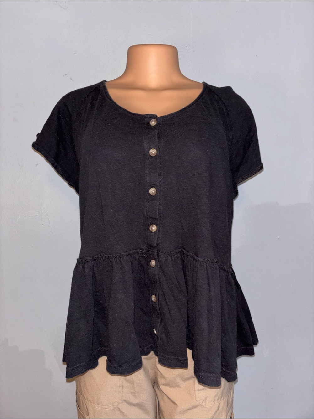 Time and Tru Black Button-Front Peplum Blouse